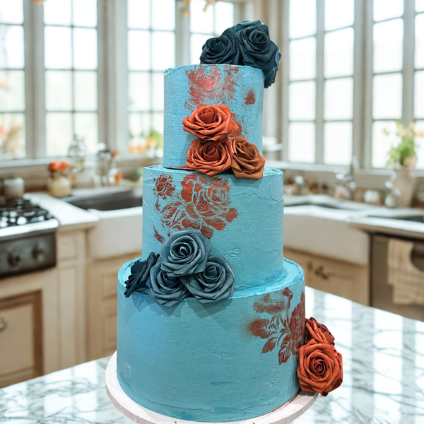Wedding cake with gold details and tiered layers